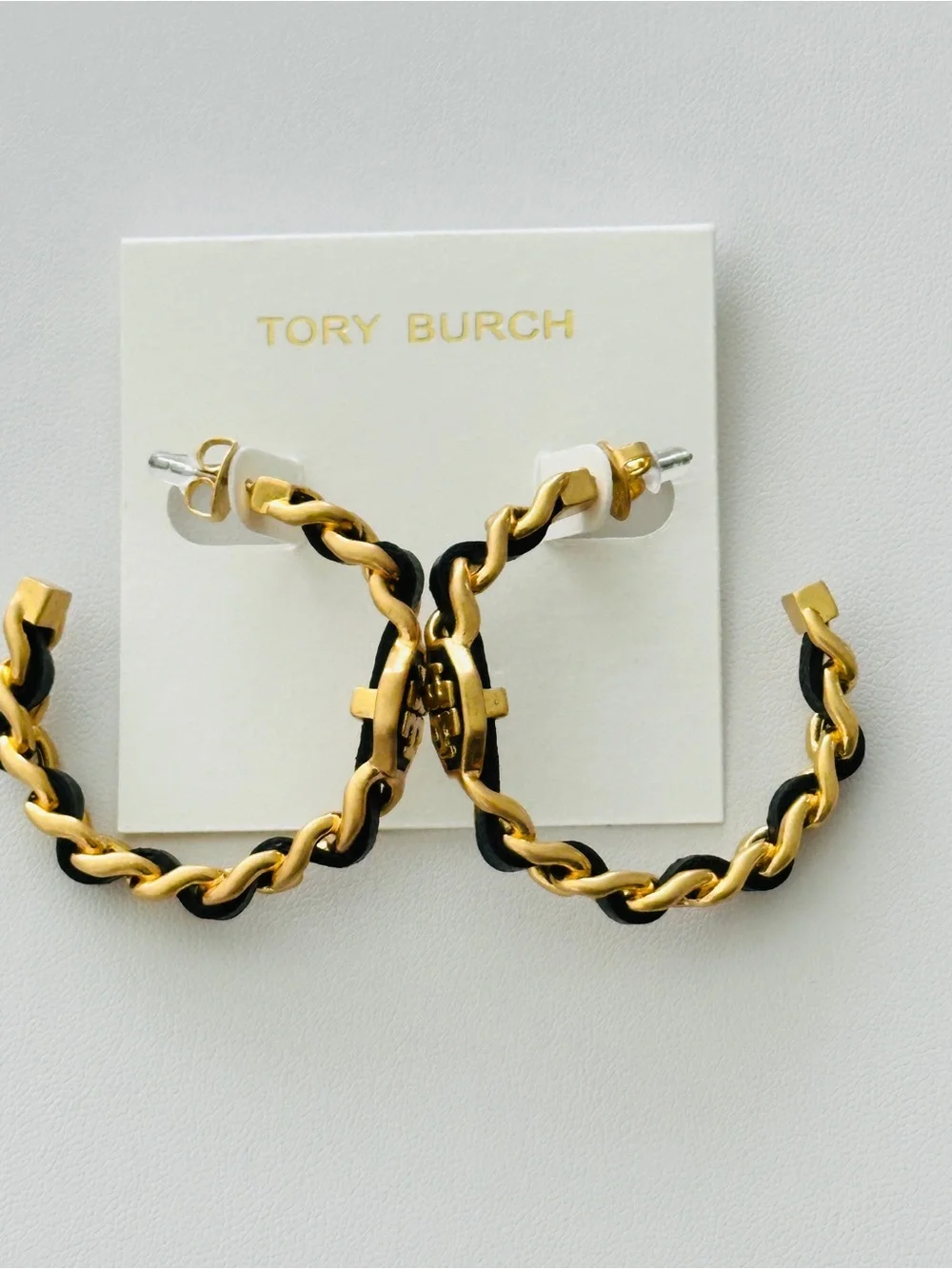 Tory Burch Black and Gold Chain Hoop Earrings